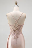 Sparkly Champagne Spaghetti Straps Mermaid Satin Long Prom Dress with Beading