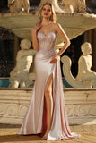 Sparkly Champagne Mermaid Satin Long Prom Dress with Beading