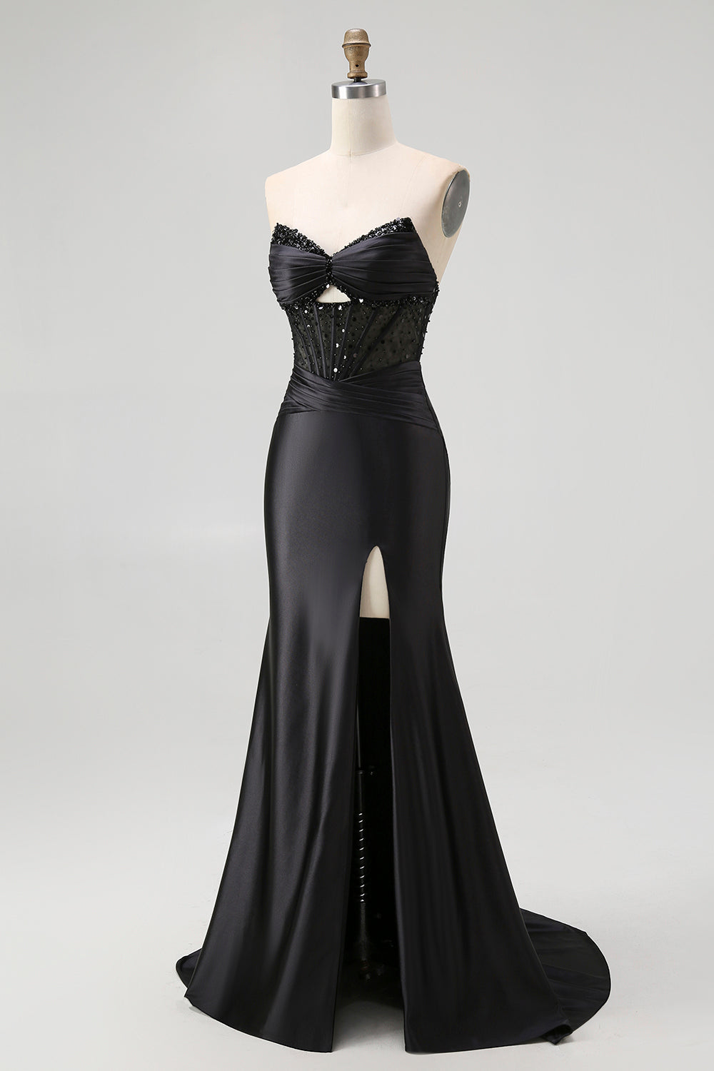 Sparkly Black Sweetheart Mermaid Satin Long Corset Prom Dress with Beading