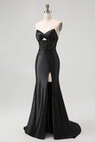 Sparkly Black Sweetheart Mermaid Satin Long Corset Prom Dress with Beading