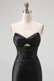 Sparkly Black Sweetheart Mermaid Satin Long Corset Prom Dress with Beading