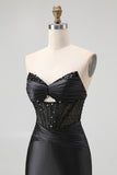 Sparkly Black Sweetheart Mermaid Satin Long Corset Prom Dress with Beading
