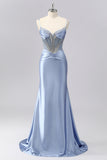 Sparkly Grey Blue Mermaid Spaghetti Straps Long Prom Dress with Beading