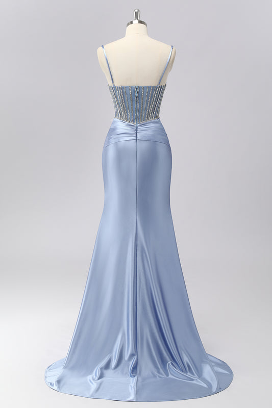 Sparkly Grey Blue Mermaid Spaghetti Straps Long Prom Dress with Beading
