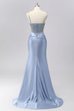 Sparkly Grey Blue Mermaid Spaghetti Straps Long Prom Dress with Beading