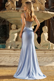 Sparkly Grey Blue Mermaid Satin Long Corset Prom Dress with Beading