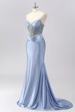 Sparkly Grey Blue Mermaid Spaghetti Straps Long Prom Dress with Beading