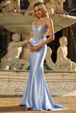 Sparkly Grey Blue Mermaid Satin Long Corset Prom Dress with Beading