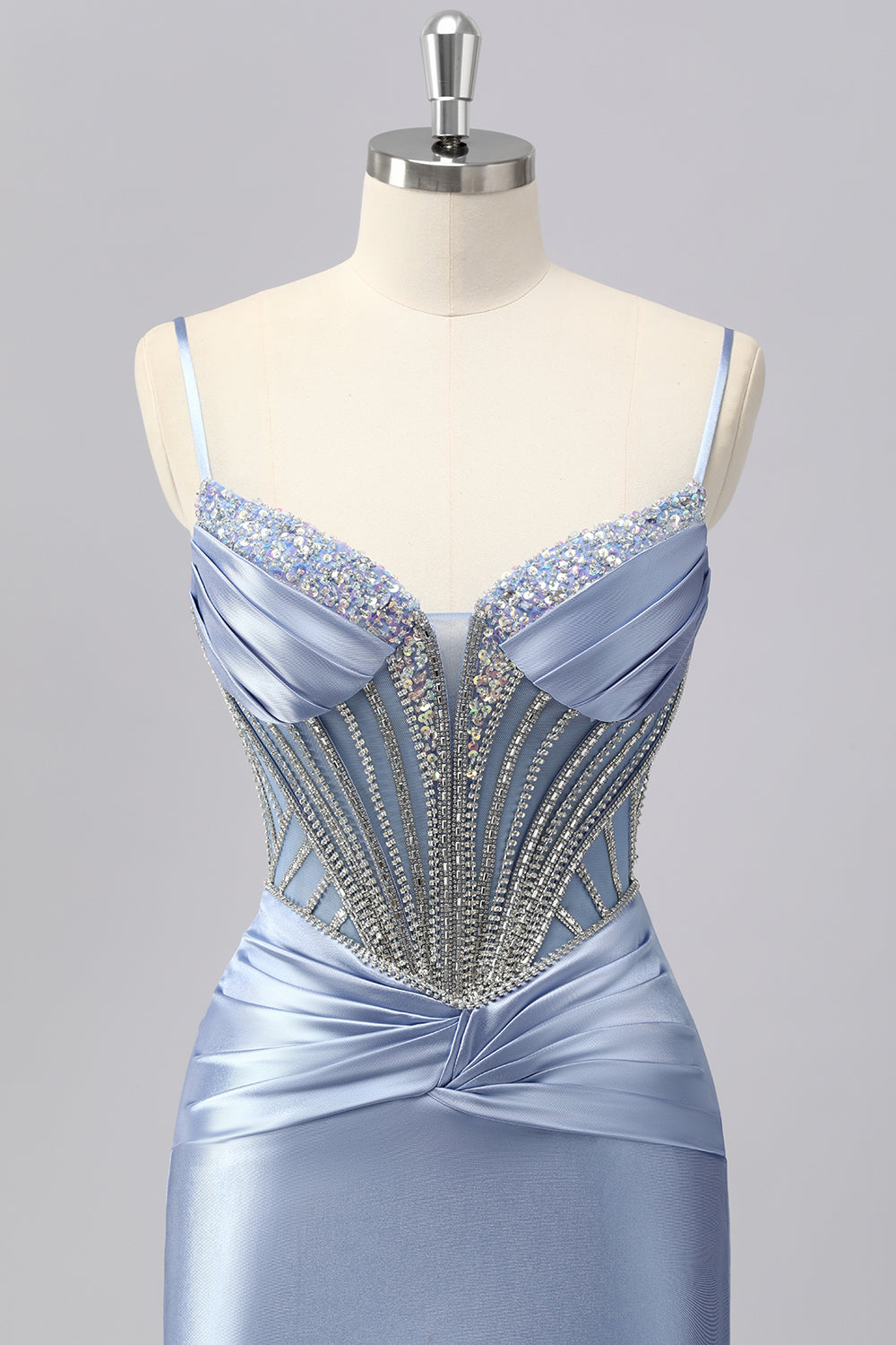 Sparkly Grey Blue Mermaid Spaghetti Straps Long Prom Dress with Beading