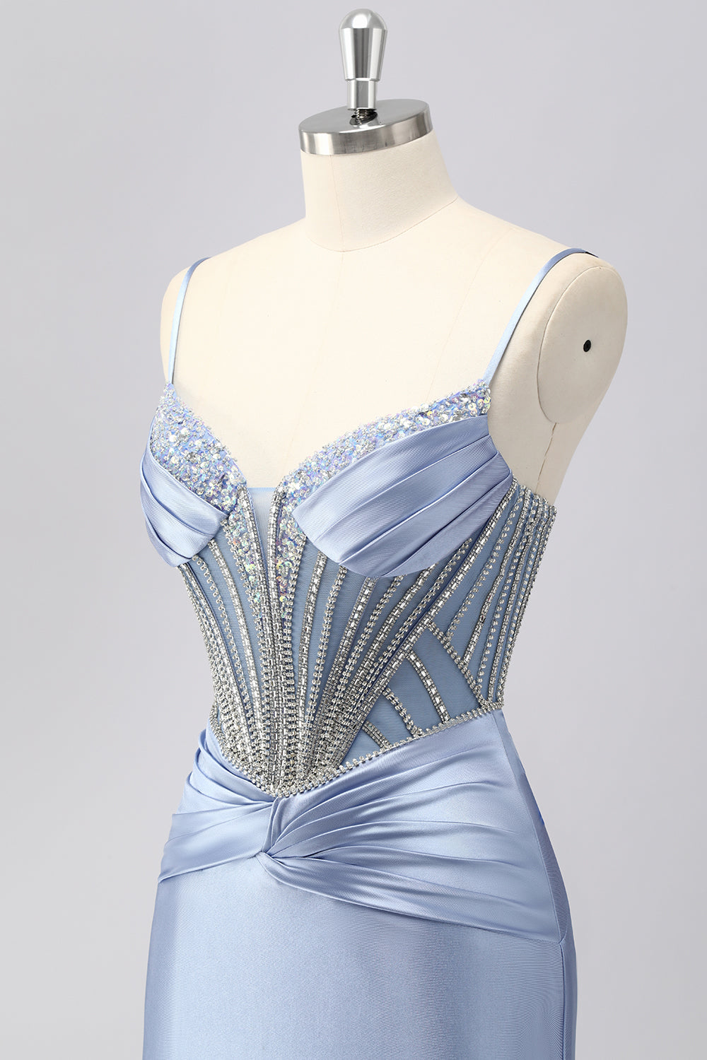 Sparkly Grey Blue Mermaid Spaghetti Straps Long Prom Dress with Beading