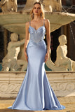 Sparkly Grey Blue Mermaid Satin Long Corset Prom Dress with Beading