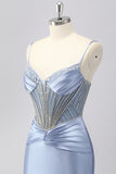 Sparkly Grey Blue Mermaid Spaghetti Straps Long Prom Dress with Beading