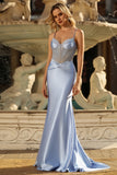 Sparkly Grey Blue Mermaid Satin Long Corset Prom Dress with Beading