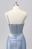 Sparkly Grey Blue Mermaid Spaghetti Straps Long Prom Dress with Beading