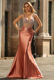 Sparkly Blush Spaghetti Straps Mermaid Satin Long Corset Prom Dress with Beading