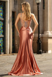 Sparkly Blush Mermaid Satin Long Corset Prom Dress with Beading