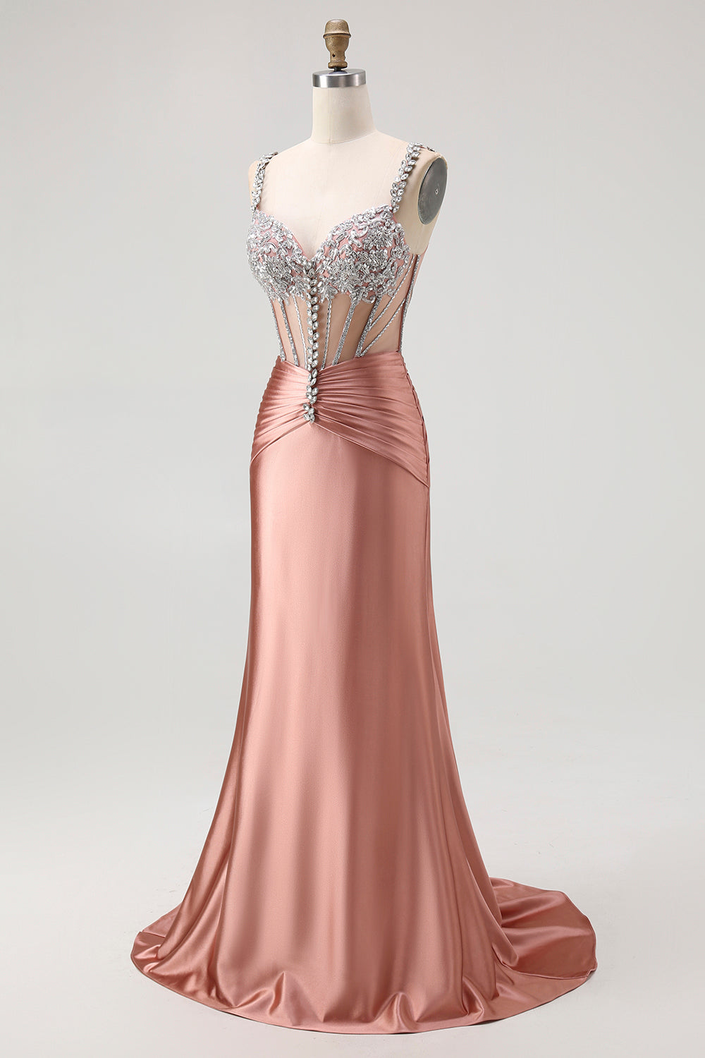 Sparkly Blush Spaghetti Straps Mermaid Satin Long Corset Prom Dress with Beading