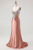 Sparkly Blush Spaghetti Straps Mermaid Satin Long Corset Prom Dress with Beading