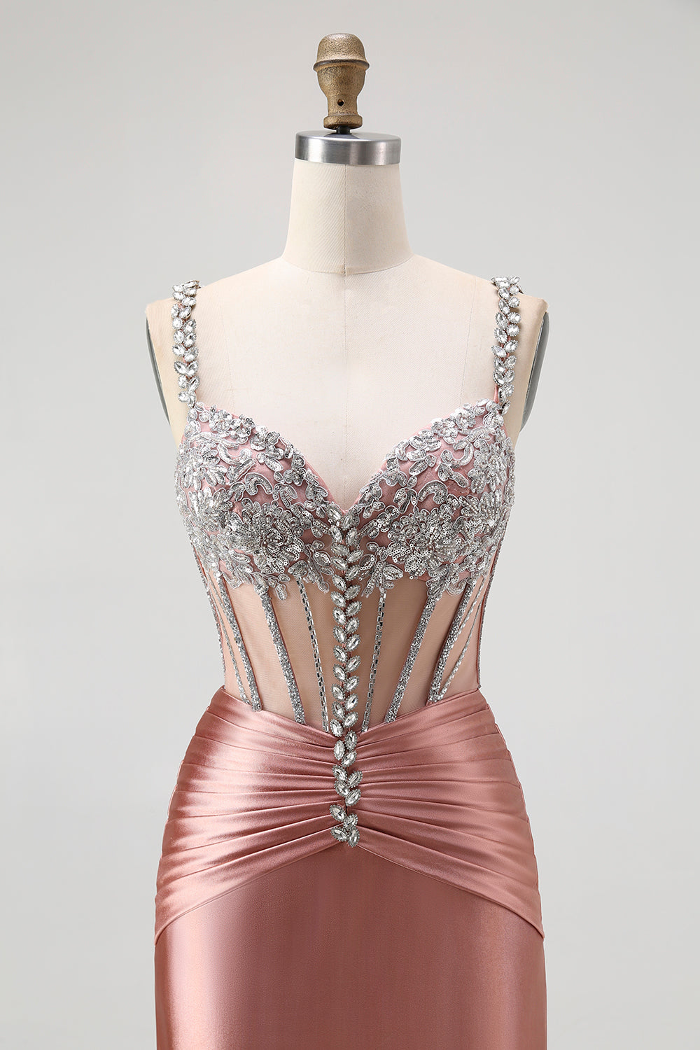 Sparkly Blush Spaghetti Straps Mermaid Satin Long Corset Prom Dress with Beading