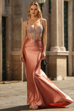 Sparkly Blush Mermaid Satin Long Corset Prom Dress with Beading