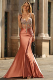 Sparkly Blush Mermaid Satin Long Corset Prom Dress with Beading