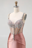 Sparkly Blush Spaghetti Straps Mermaid Satin Long Corset Prom Dress with Beading