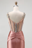 Sparkly Blush Spaghetti Straps Mermaid Satin Long Corset Prom Dress with Beading