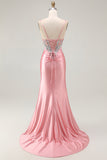 Sparkly Blush Corset Mermaid Ruched Long Prom Dress with Slit