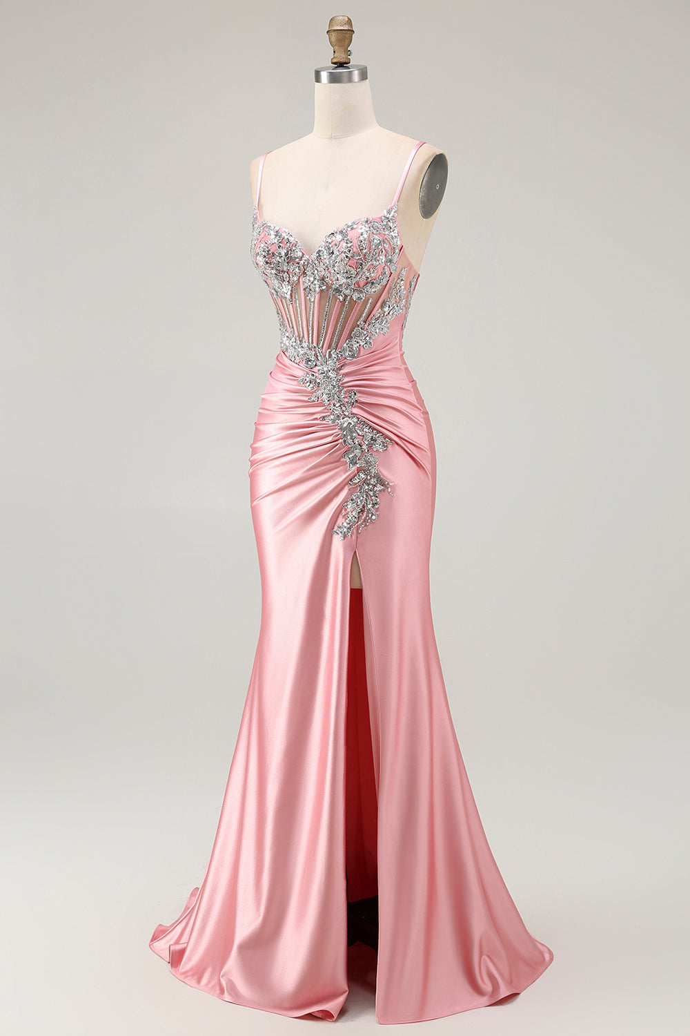 Sparkly Blush Corset Mermaid Ruched Long Prom Dress with Slit