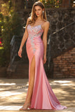 Sparkly Blush Mermaid Ruched Long Corset Prom Dress with Slit