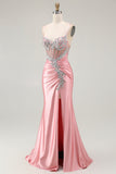 Sparkly Blush Corset Mermaid Ruched Long Prom Dress with Slit