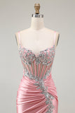 Sparkly Blush Corset Mermaid Ruched Long Prom Dress with Slit