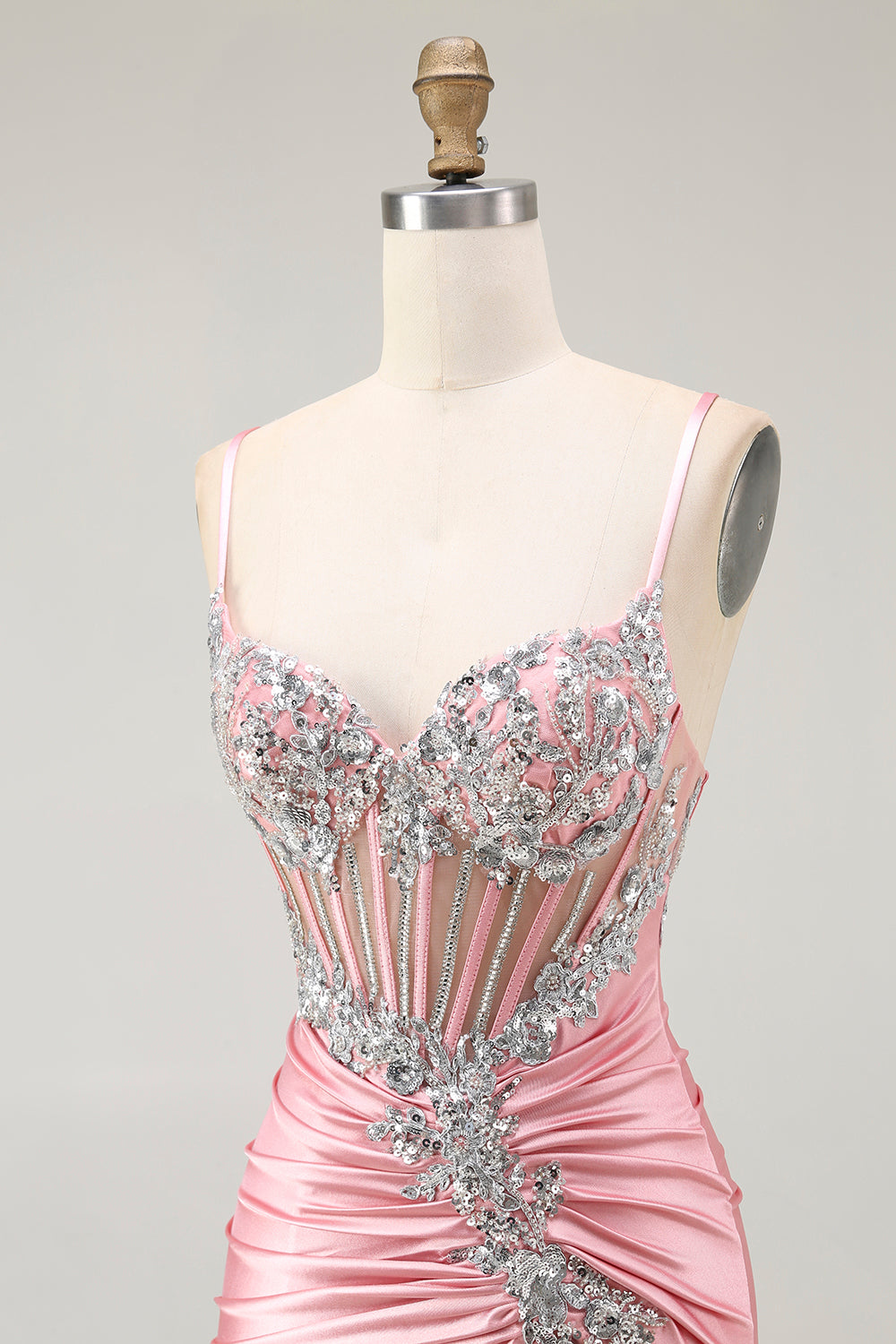 Sparkly Blush Corset Mermaid Ruched Long Prom Dress with Slit