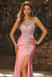 Sparkly Blush Mermaid Ruched Long Corset Prom Dress with Slit