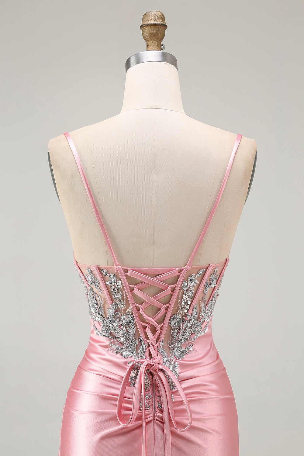 Sparkly Blush Corset Mermaid Ruched Long Prom Dress with Slit
