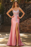Sparkly Blush Mermaid Ruched Long Corset Prom Dress with Slit