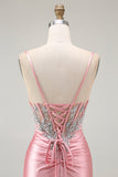 Sparkly Blush Corset Mermaid Ruched Long Prom Dress with Slit