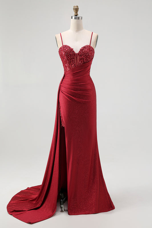 Sparkly Burgundy Spaghetti Straps Mermaid Long Corset Prom Dress with Beading