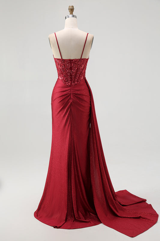 Sparkly Burgundy Spaghetti Straps Mermaid Long Corset Prom Dress with Beading