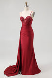 Sparkly Burgundy Spaghetti Straps Mermaid Long Corset Prom Dress with Beading