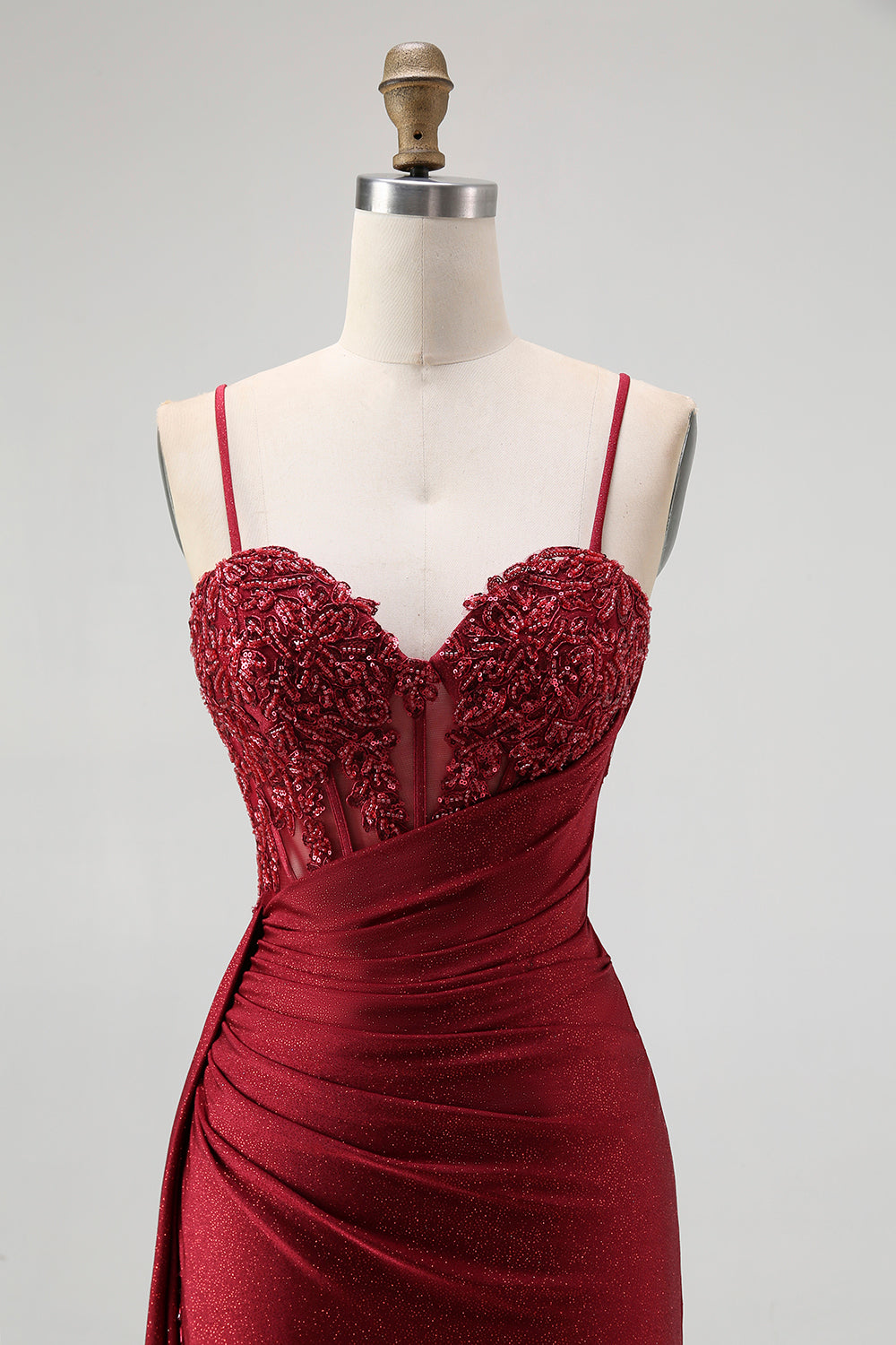 Sparkly Burgundy Spaghetti Straps Mermaid Long Corset Prom Dress with Beading