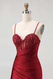 Sparkly Burgundy Spaghetti Straps Mermaid Long Corset Prom Dress with Beading