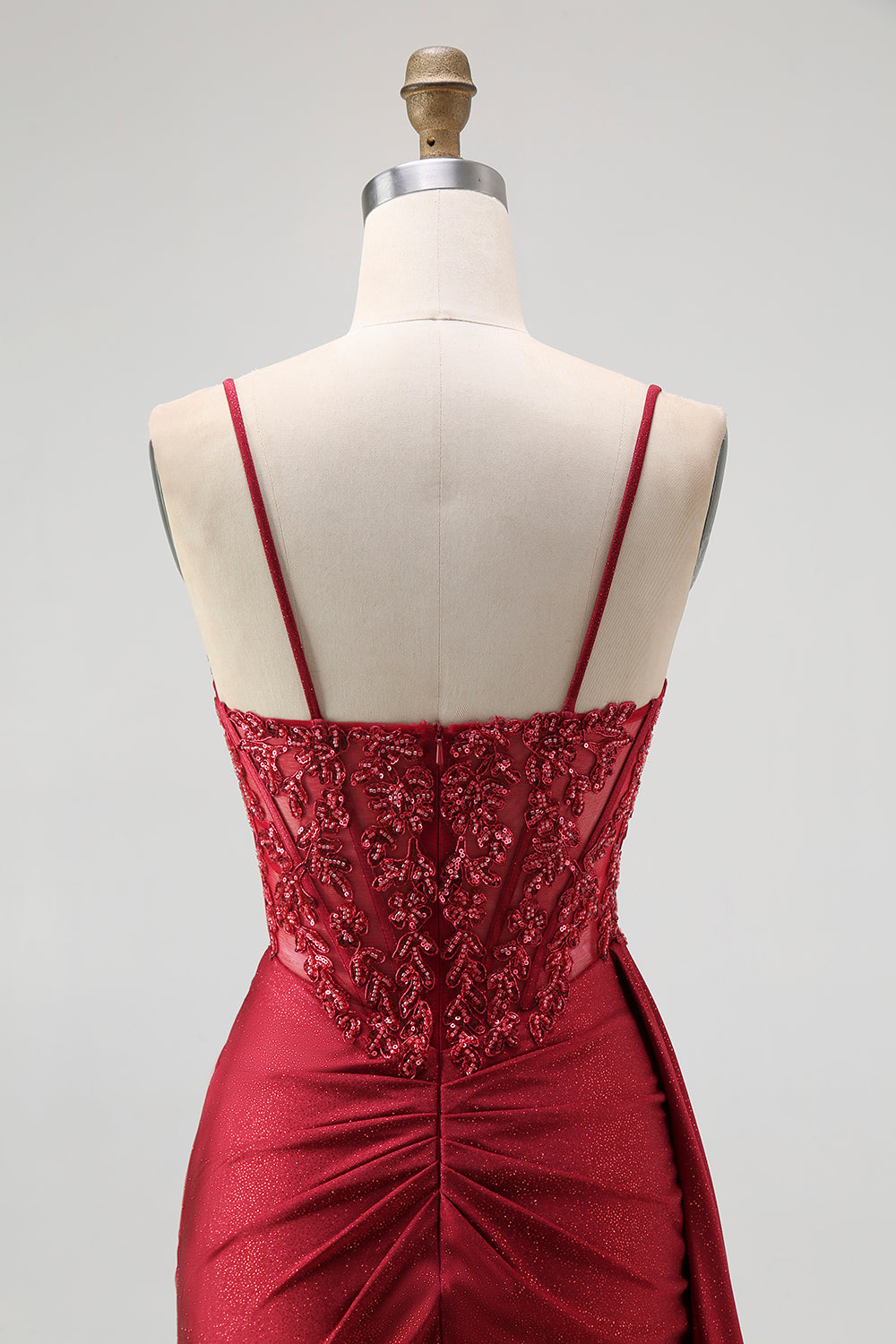 Sparkly Burgundy Spaghetti Straps Mermaid Long Corset Prom Dress with Beading