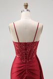 Sparkly Burgundy Spaghetti Straps Mermaid Long Corset Prom Dress with Beading