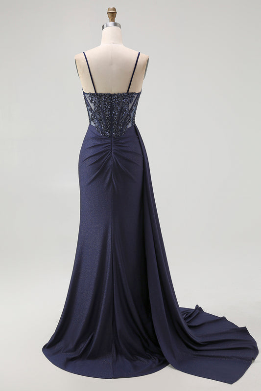 Sparkly Navy Spaghetti Straps Mermaid Long Corset Prom Dress with Beading