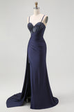 Sparkly Burgundy Spaghetti Straps Mermaid Long Corset Prom Dress with Beading