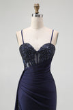 Sparkly Burgundy Spaghetti Straps Mermaid Long Corset Prom Dress with Beading