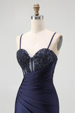 Sparkly Burgundy Spaghetti Straps Mermaid Long Corset Prom Dress with Beading