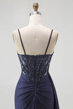 Sparkly Burgundy Spaghetti Straps Mermaid Long Corset Prom Dress with Beading