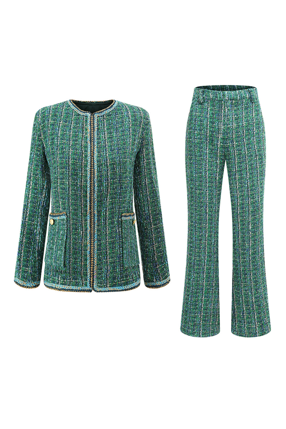 Dark Green Tweed Plaid 2 Piece Women Prom Suits